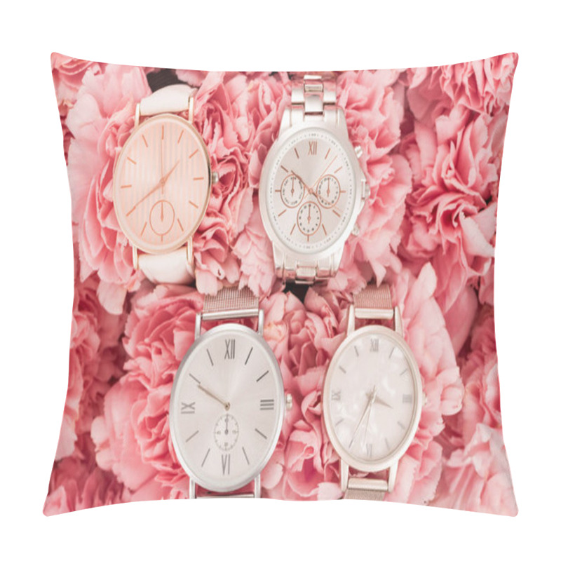 Personality  Top View Of Wristwatches Lying On Blooming Pink Flowers  Pillow Covers