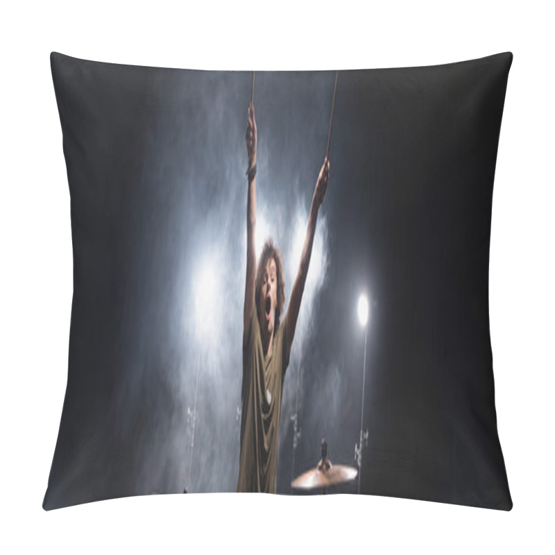 Personality  Excited Curly Musician With Hands In Air Sitting Near Cymbals With Smoke And Backlit On Background, Banner Pillow Covers