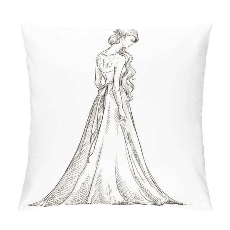 Personality  Beautiful Girl With Long Hair. Bride. Bridal Dress. Hand Drawn. Vector. Pillow Covers