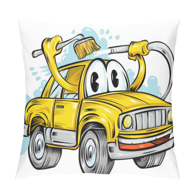 Personality  Cartoon Character Yellow Car Wash. Vector Hand Drawn Illustration Isolated On Transparent Background Pillow Covers