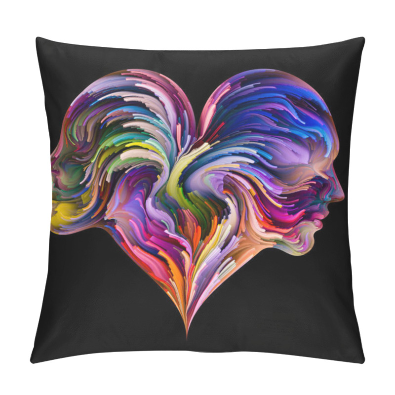 Personality  Soul Mates Series. Male And Female Heads Joined Into Heart Shape Symbol With Brushstrokes Of Digital Paint. Illustration On Subject Of Love, Romance,  Marriage And Family. Pillow Covers