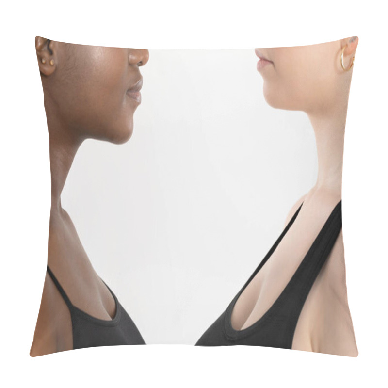 Personality  Two Teenage Faces Looking Very Closely At Each Other. One Girl Is Black And The Other Is A Girl With A Very Fair Complexion. Pillow Covers