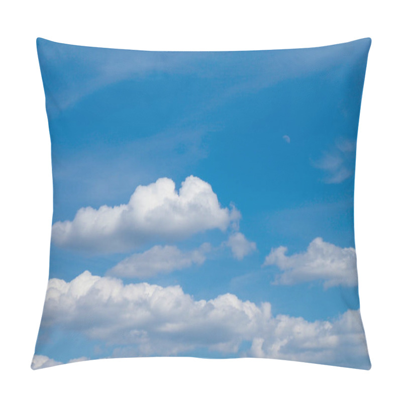 Personality  Serene Blue Sky With Fluffy Clouds And Visible Daytime Moon Pillow Covers