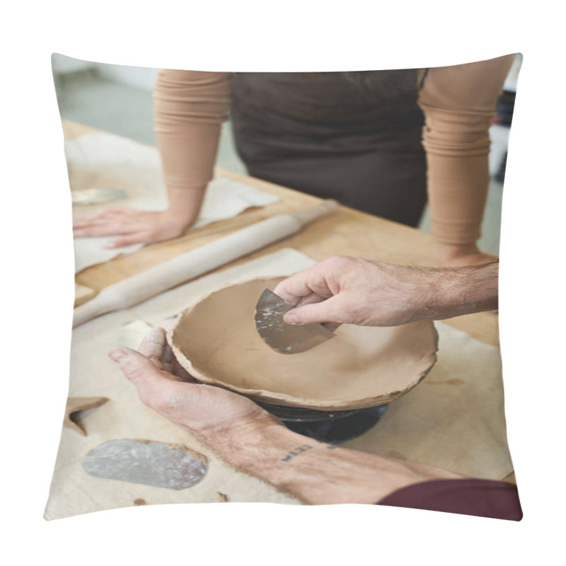 Personality  A Couple Shares Love And Creativity While Shaping Clay In A Sunny Workshop. Pillow Covers