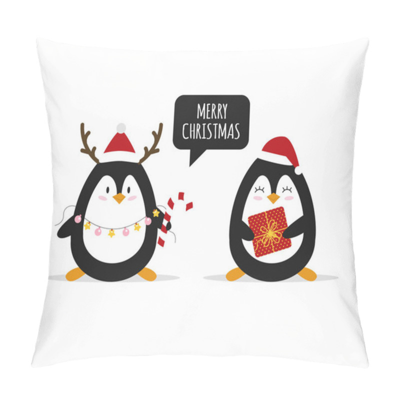 Personality  Christmas. Cute Penguins With Christmas Gifts. Happy Animals. Vector Illustration Pillow Covers