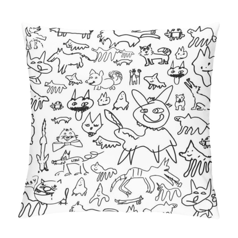 Personality  Seamless Pattern With A Children's, Black And White Pattern Of Various Fancy Dog Breeds On A White Background. Pillow Covers