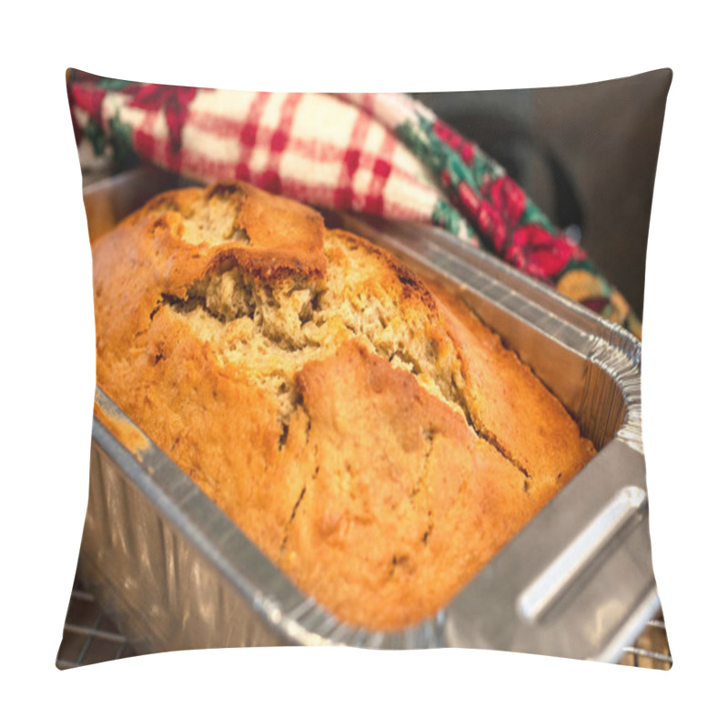 Personality  Golden Crust Banana Bread Just Baked In An Aluminum Pan And Holiday Dish Towel For The Christmas Season Pillow Covers