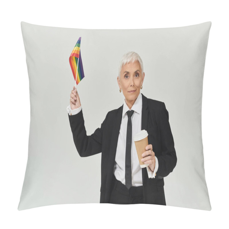 Personality  Mature Woman Proudly Waves Rainbow Flag While Enjoying Her Coffee. Pillow Covers