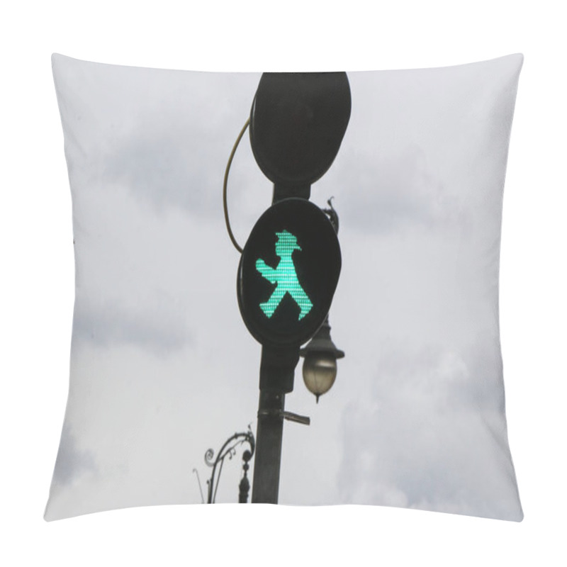 Personality  Ampelman Green Traffic Light In Berlin, Walking Man With A Hat. Symbol Of The City, On A Background Of Cloudy Sky Pillow Covers