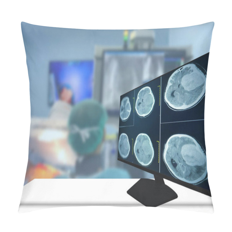 Personality  CT Scan Brain Finding Isodense Mass With Ill-defined Margin And Surrounding Edema At The Left Frontal Lobe. Glioblastoma, Brain Metastasis. Blurry Operating Room Background. Pillow Covers