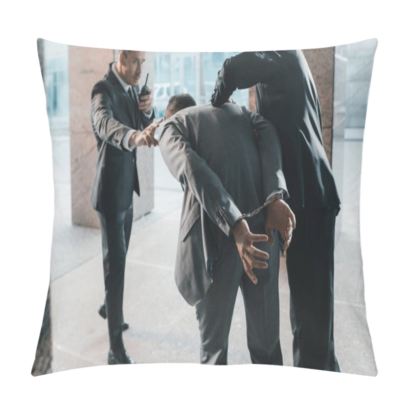 Personality  Cropped Image Of Security Guards Arresting Offender And Talking By Portable Radio Pillow Covers