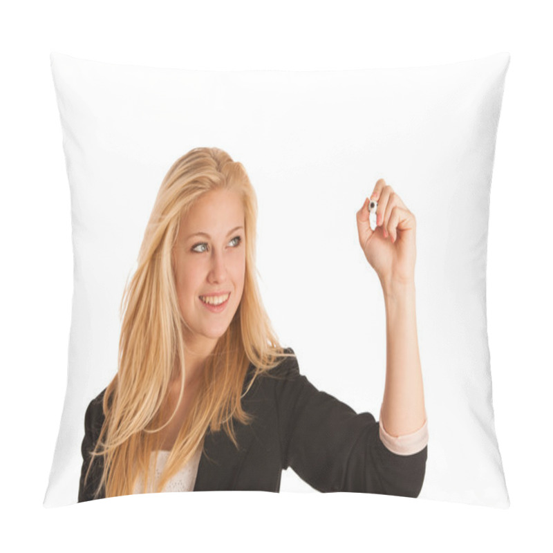 Personality  Young Blonde Business Woman With Blue Eyes, Writes On A Glass Ta Pillow Covers