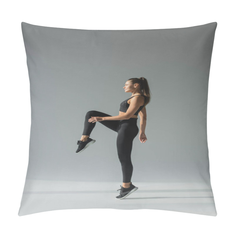 Personality  Workout Session, Sportswoman With Toned Body Exercising On Grey Background, Lifting Leg Pillow Covers