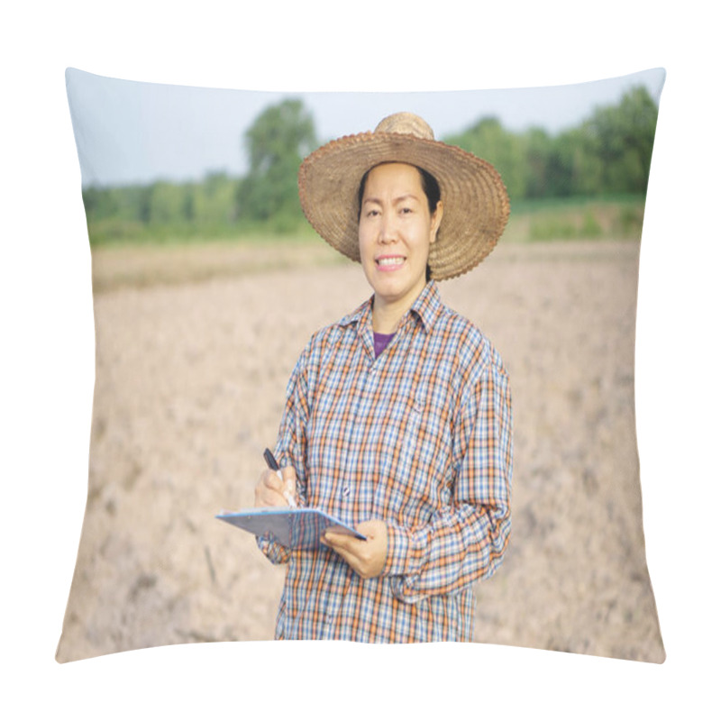 Personality   Asian Woman Farmer Is At Agriculture Land, Wear Hat, Plaid Shirt, Holds And Write On Paper Clipboard. Concept : Research And Analyze Soil And Environment To Improve  And Solve  Agriculture Problems.  Pillow Covers