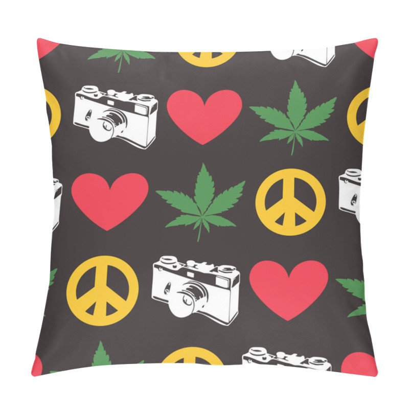 Personality  Hippie Seamless Pattern With Marijuana Leaves,  Old Camera, Heart, Peace Symbol On Black Background. Pillow Covers