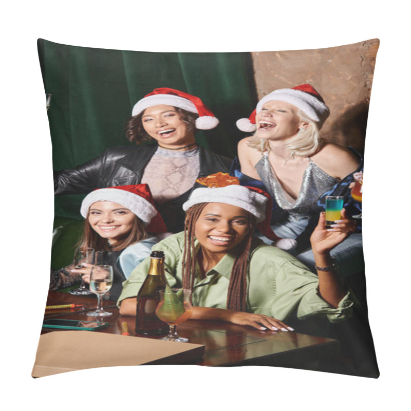 Personality  Young And Carefree Multiethnic Women In Christmas Hats Celebrating Ne Year In Bar, Glamorous Party Pillow Covers