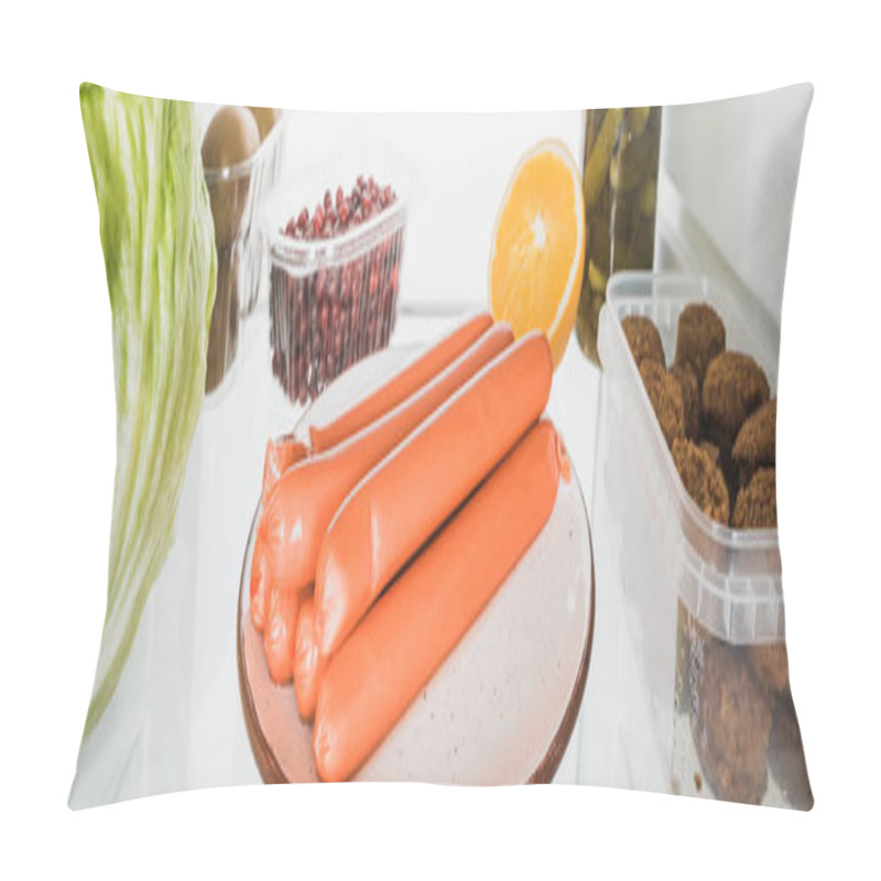 Personality  Panoramic Shot Of Sausages, Cutlets With Cabbage And Fruits In Refrigerator Isolated On White Pillow Covers