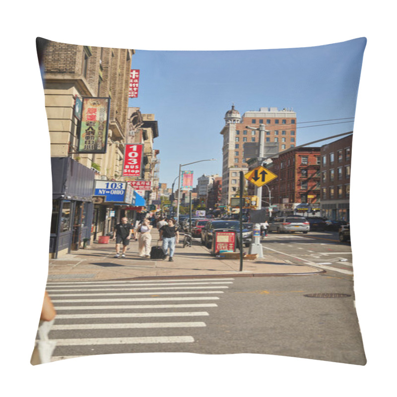 Personality  NEW YORK, USA - NOVEMBER 26, 2022: Pedestrians Walking Along Busy Street In Asiatown Pillow Covers