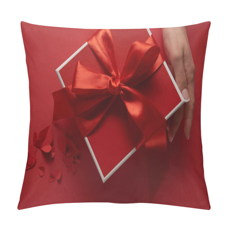 Personality  Partial View Of Female Hand And Present With Silk Ribbon On Red Background Pillow Covers