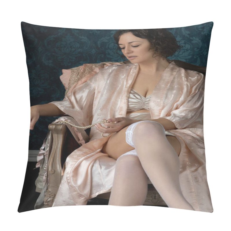 Personality  A 1920s Woman Wearing Satin Underwear And A Robe Alone In Her Bedroom Pillow Covers