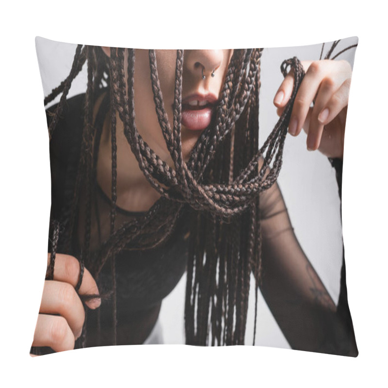 Personality  Cropped View Of Woman With Piercing Touching Braided Dreadlocks Isolated On Grey Pillow Covers