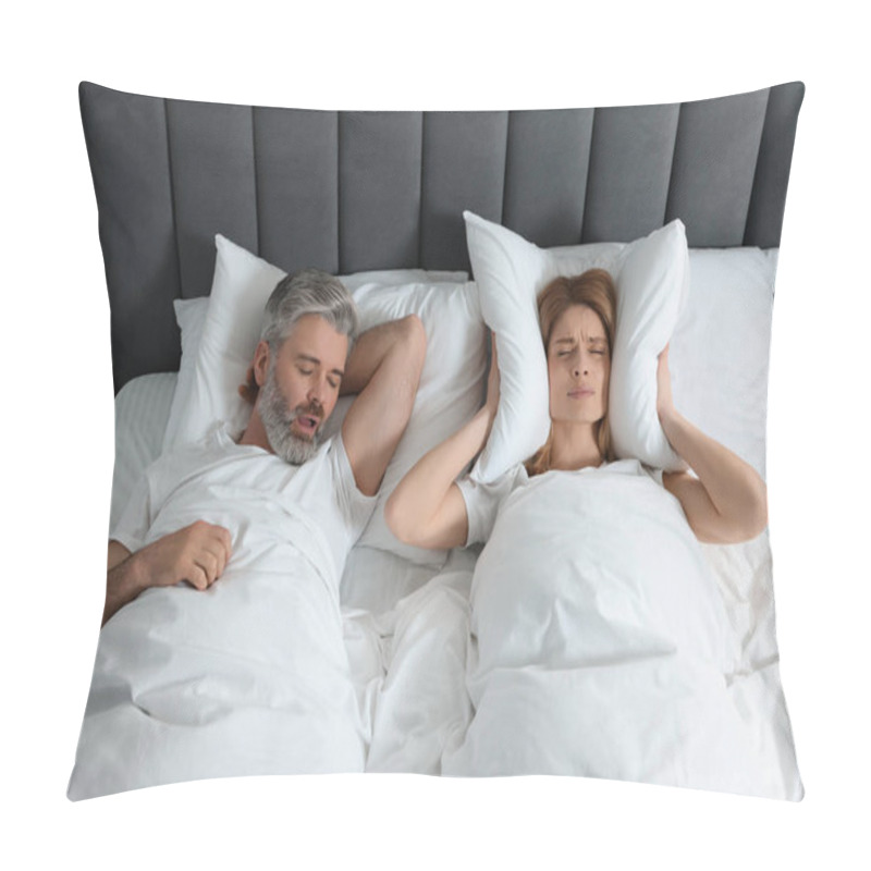 Personality  Irritated Woman Covering Her Ears With Pillows In Bed At Home. Problem With Snoring Husband Pillow Covers