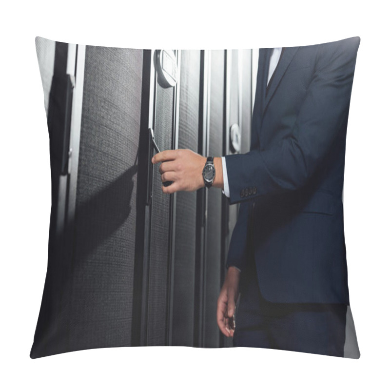 Personality  Cropped View Of Businessman In Suit Standing In Data Center  Pillow Covers