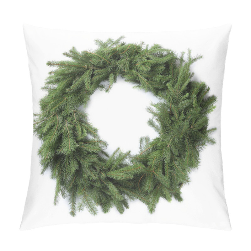 Personality  Christmas Wreath Made Of Fir Branches On White Background Pillow Covers