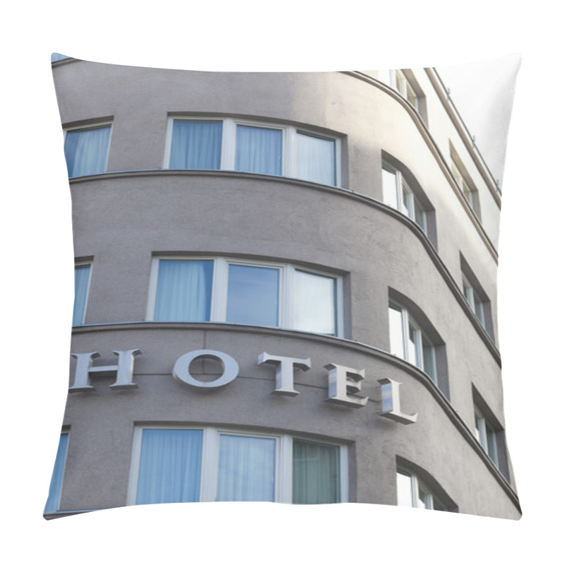 Personality  Hotel Sign In Exterior View On A Rounded Front Of Building Pillow Covers