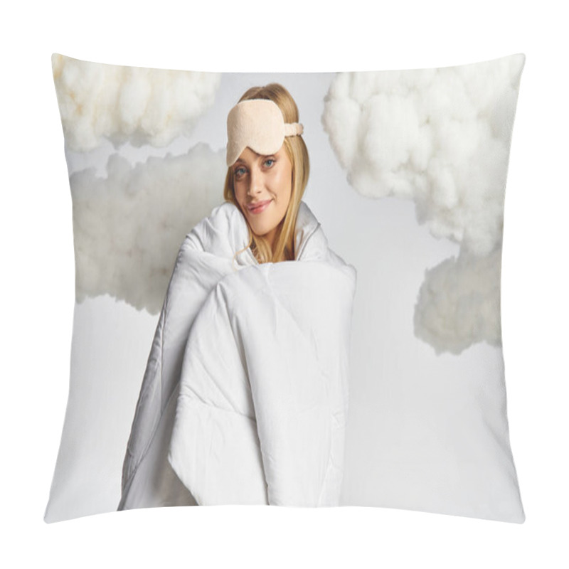 Personality  A Beautiful Blonde Woman Wrapped In A Blanket, Surrounded By Fluffy Clouds. Pillow Covers