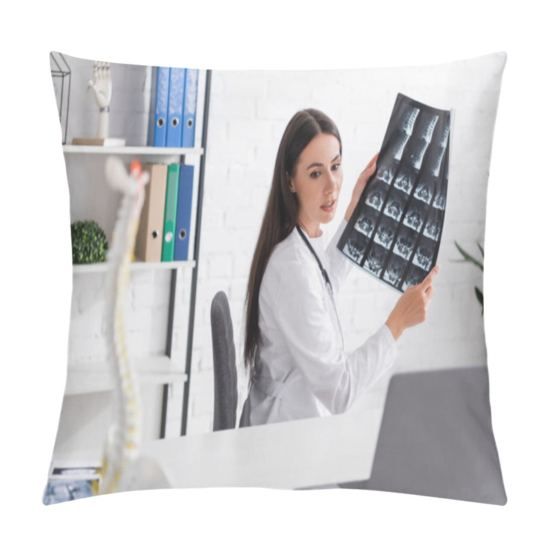 Personality  Doctor Holding Mri Scan During Video Chat On Laptop In Hospital  Pillow Covers