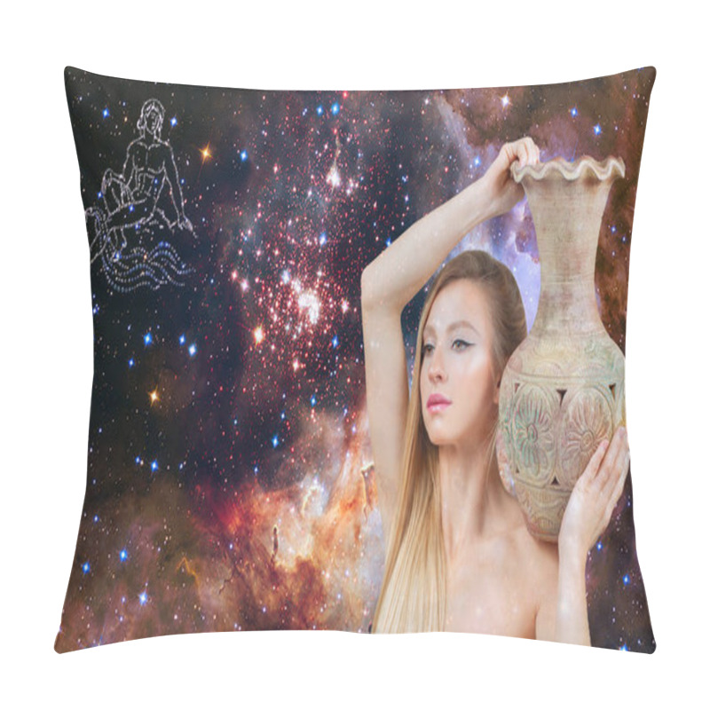 Personality  Aquarius Zodiac Sign. Astrology And Horoscope Concept. Beautiful Woman Aquarius On The Galaxy Background Pillow Covers