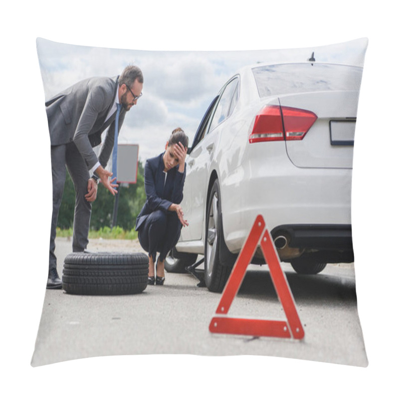 Personality  Businessman Gesturing And Sad Businesswoman Squatting Near Broken Car On Road Pillow Covers