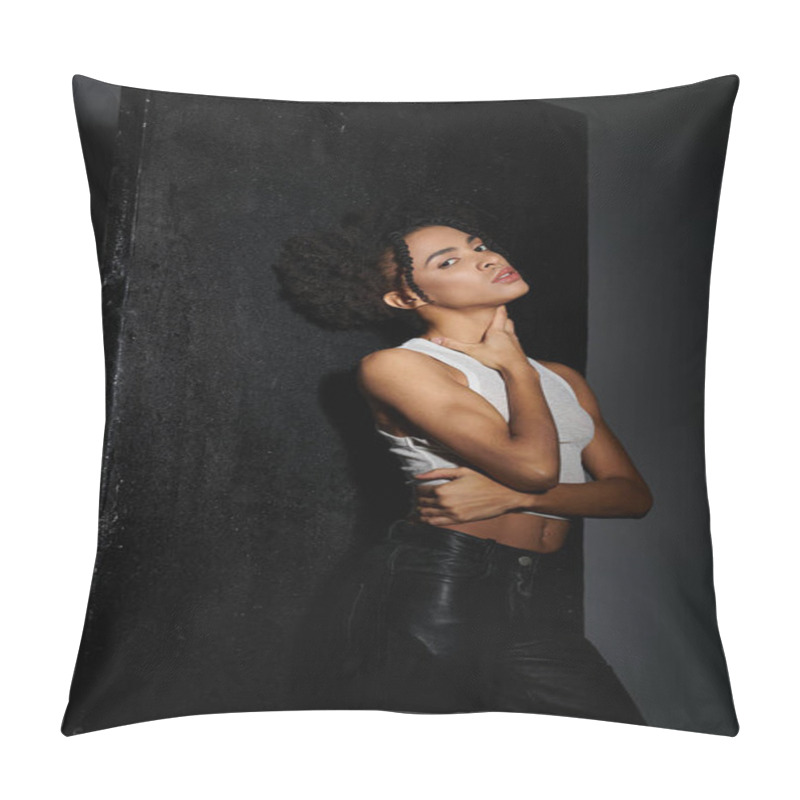 Personality  A Stylish Young African American Woman Poses In A White Tank Top Against A Black Backdrop. Pillow Covers