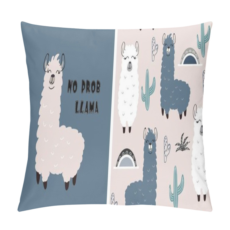 Personality  Set Of Cute Llama Print And Seamless Pattern With Llamas. Vector Pillow Covers