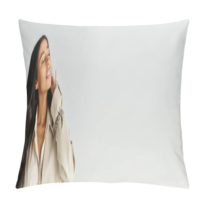 Personality  Radiant Young Woman Showcases Her Fashionable Outfit With Graceful Confidence In Soft Lighting. Pillow Covers