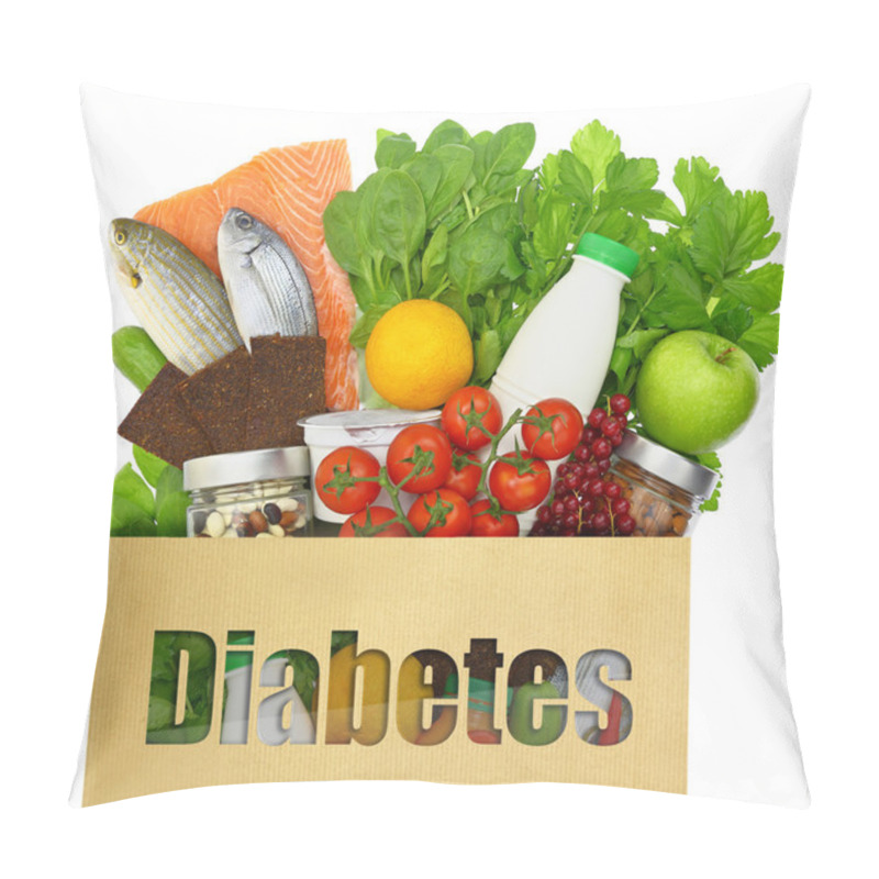 Personality  Paper Bag With The Word Diabetes Filled With Healthy Foods Pillow Covers