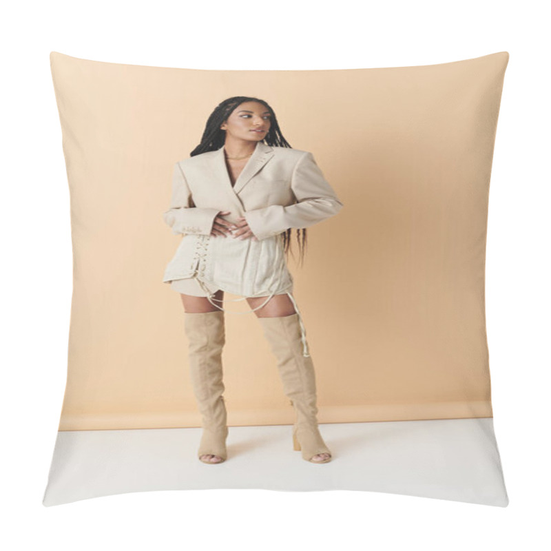 Personality  African American Woman In Long Braids Poses In Stylish Beige Blazer, Skirt And Knee-high Boots Against Neutral Background Pillow Covers