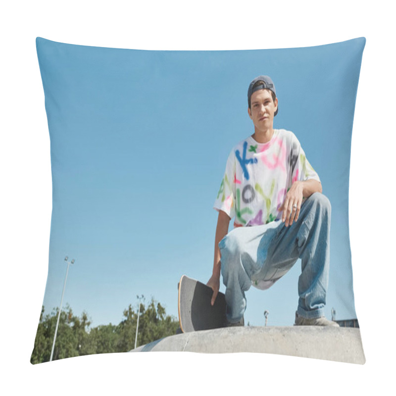 Personality  A Young Skater Boy Confidently Sits Atop A Skateboard Ramp Outdoors On A Sunny Summer Day. Pillow Covers