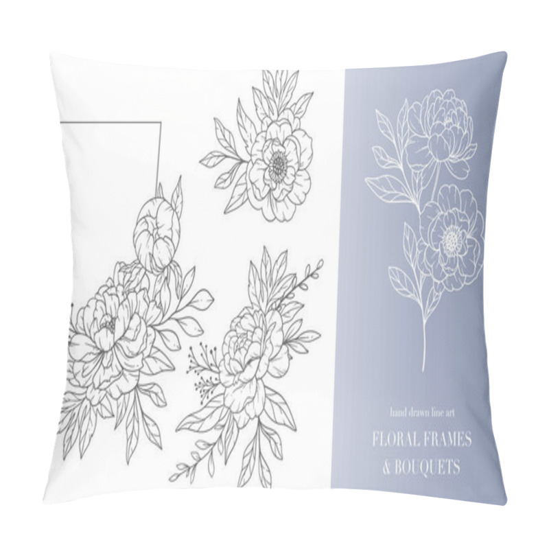 Personality  Peony Flower Line Art. Floral Frames And Bouquets Line Art. Fine Line Peony Frames Hand Drawn Illustration. Hand Draw Outline Leaves And Flowers. Botanical Coloring Page. Outline Peony Isolated Pillow Covers