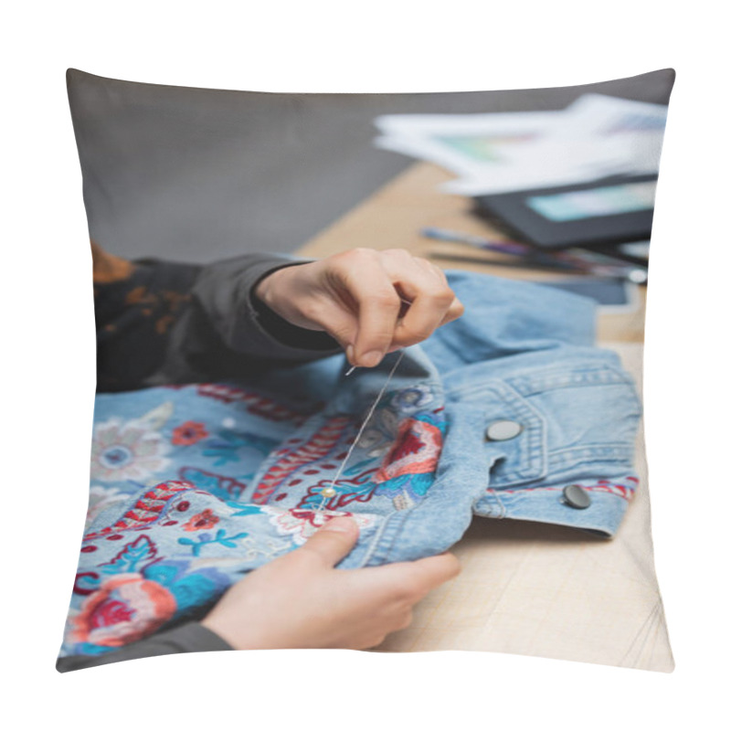 Personality  Cropped View Of African American Craftswoman Embroidering Denim Jacket  Pillow Covers