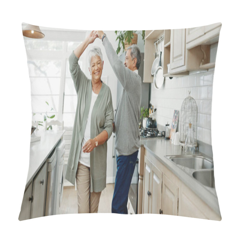 Personality  Elderly Couple, Dancing And Love In Home, Support And Holding Hands For Laughing In Kitchen. People, Commitment And Together For Connection In Relationship, Bonding And Romance Or Loyalty In Marriage. Pillow Covers