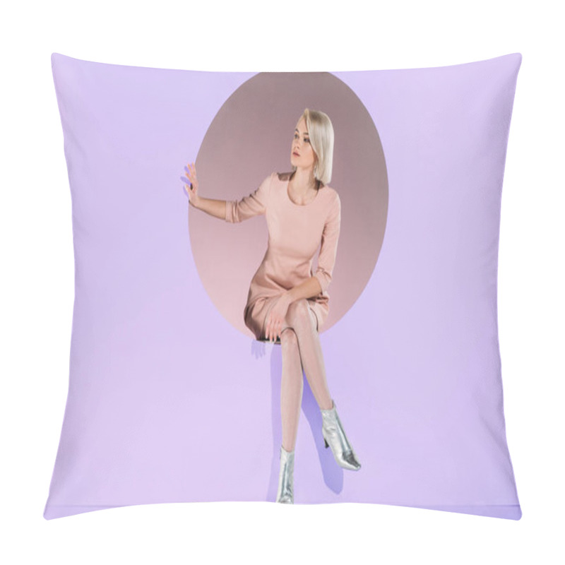 Personality  Beautiful Girl In Fashionable Clothes Sitting On Purple Pillow Covers