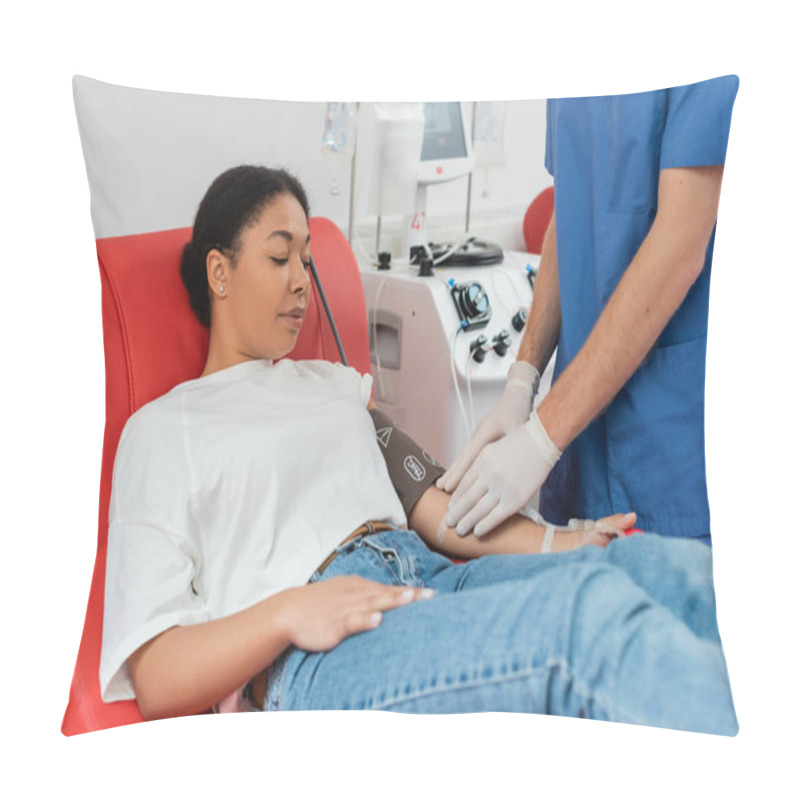 Personality  Doctor In Latex Gloves Sticking Band-aid On Arm Of Multiracial Woman Sitting On Medical Chair And Donating Blood Near Automated Transfusion Machine Pillow Covers