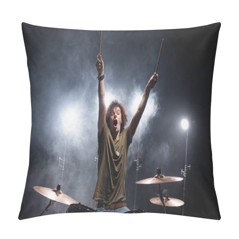 Personality  Shouting Musician With Hands In Air Sitting At Drum Kit With Smoke And Backlit On Background Pillow Covers