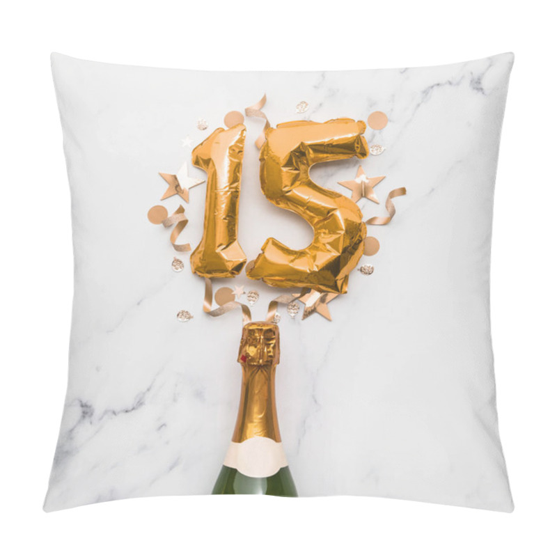 Personality  Champagne Bottle With Gold Number 15 Balloon. Minimal Party Anniversary Concept Pillow Covers