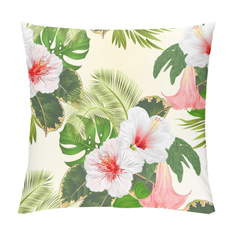 Personality  Seamless Texture Tropical Flowers  Floral Arrangement, With   White Hibiscus And Brugmansia  Palm,philodendron  Vintage Vector Illustration  Editable Hand Draw  Pillow Covers