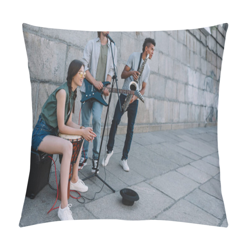 Personality  Young Happy Woman With Drum And Men With Guitar And Djemba At City Street Pillow Covers