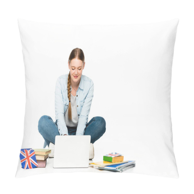 Personality  Smiling Girl Sitting On Floor Using Laptop Near Books And Copybooks, Uk Flag Isolated On White Pillow Covers