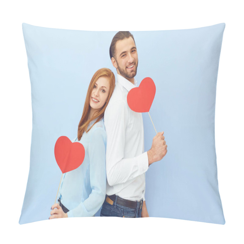 Personality  Cheerful Couple With Paper Hearts Pillow Covers